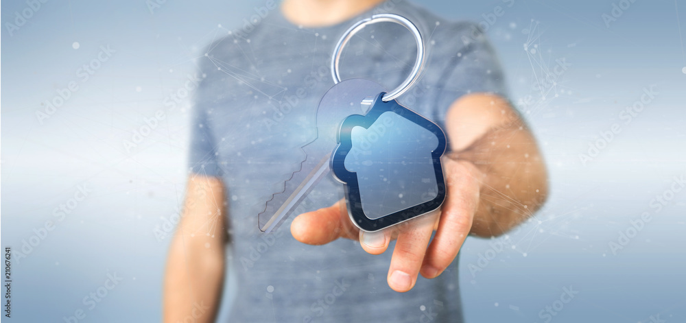 Poster man holding a key and house 3d rendering