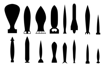 Set of the air bombs silhouettes. The objects are isolated against the white background and shown from two sides
