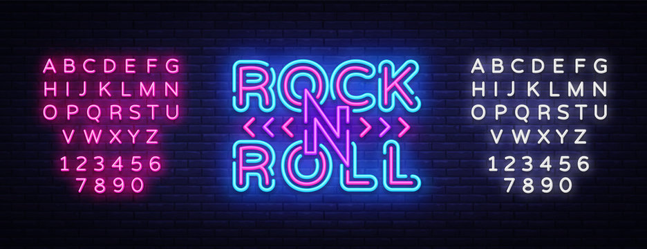 Rock and Roll logo in neon style. Rock Music neon night signboard, design template vector illustration for Rock Festival, Concert, Live music, Light banner. Vector. Editing text neon sign