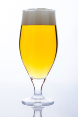 Beer glass with light cold beer with bubble froth on light backg