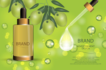 Luxury cosmetic moisturizing spray on bokeh background with green olives  and Collagen serum drop.