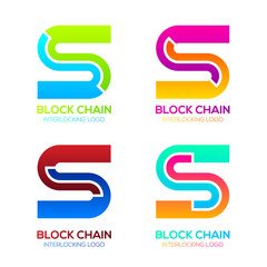Letter S logos Colorful shape with Blockchain Technology and Abstract Interlocking, Bitcoin Cryptocurrency data, Digital connect link network Concept
