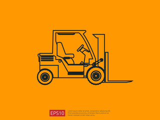 Forklift truck line icon. warehouse fork loader vector illustration. delivery truck symbol for supply storage service, logistic company, freight load, cargo, shipping, transportation.