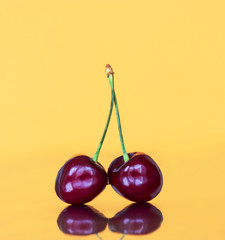 Two cherries on an orange background