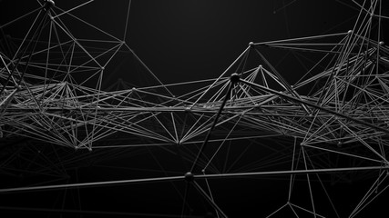 3d render abstract background. Net done by connected cylinders with sphere in intersection area. Complex connection structure.