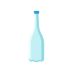 Empty plastic bottle with long narrow neck and blue lid. Container for liquids. Flat vector element for advertising poster or banner