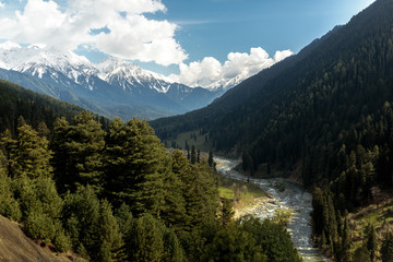 Fototapeta na wymiar Semi wide angle panorama of a river in the Aru Valley near the Pahalgam mountain tourist resort in the disputed Kashmir Valley of the Himalaya