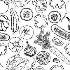 Vegetable Seamless Pattern with Cucumbers, Red Tomatoes, Bell Pepper, Beet, Carrot, Onion, Garlic, Chilli. Fresh Green Salad. Healthy Vegetarian Food. Hand Drawn Illustration. Doodle Style.