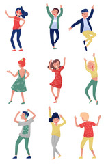 Flat vector set of young people in dancing action. Students having fun at party. Girls and guys in stylish outfit. Active lifestyle © Happypictures