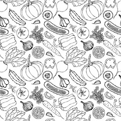 Vegetable Seamless Pattern with Cucumbers, Red Tomatoes, Bell Pepper, Beet, Carrot, Onion, Garlic, Chilli, Pumpkine. Fresh Green Salad. Healthy Vegetarian Food. Hand Drawn Illustration. Doodle Style.