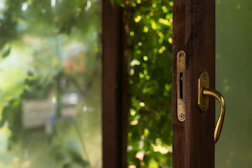 Window and green bushes design view in restaurant