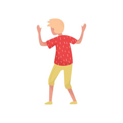 Blond teenager boy in dancing action, back view. Young guy student having fun at party. Flat vector illustration