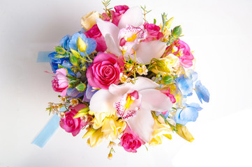 Flower Bouquet from roses, orchids on white background.