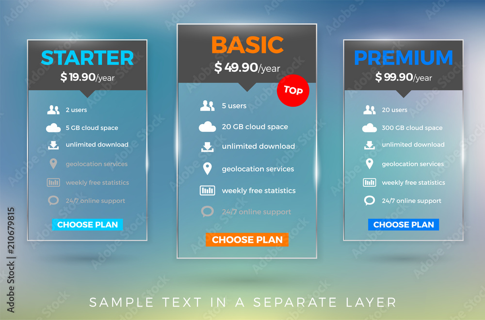 Poster pricing plans template for websites and applications in glossy design