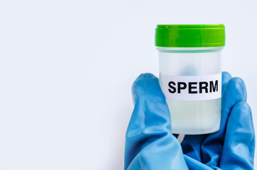 Health. Sample sperm. Donor Sperm Close up Concept Bank Sperm Doctor in the Glove holds Jar Container With Semen Analyze the Motility Spermatozoa. Man Infertility.  

