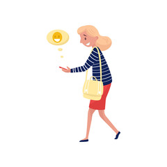 Young smiling woman walking and sending laughing emoji. Social network and communication theme. Flat vector design