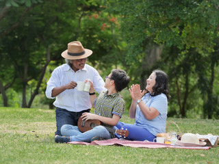 Naklejka premium Grandparents spend the time in holiday with grandchildren .They are picnic at nature park ,Happy family concept.