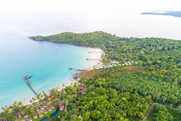 Fototapeta na wymiar Aerial sea view of beautiful curve beach with wooden pier