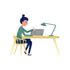 Fototapeta na wymiar Young woman sitting at table and drawing on graphic tablet. Freelancer at workplace. Professional graphic designer. Flat vector illustration