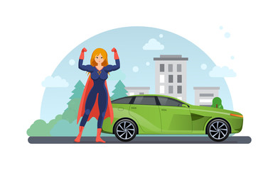 Woman superhero near road with car near. Drive by car.