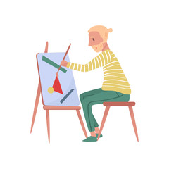 Young bearded man sitting on chair painting on canvas. Professional painter. Talented artist. Flat vector illustration