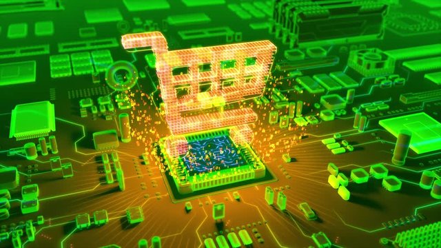 Futuristic animation of holographic shopping cart symbol emerging from microprocessor on electronic circuit board
