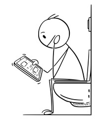 Cartoon stick drawing conceptual illustration of man or businessman working, reading or messaging on tablet while sitting on toilet in bathroom.