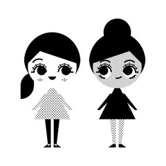 Black and white illustration of two girls in vintage style on white background