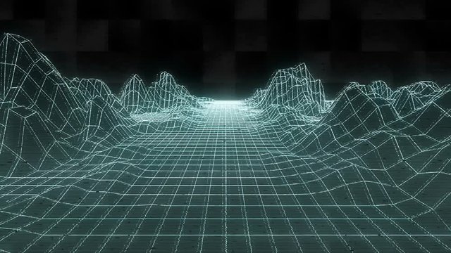 Hologram neon low poly grid landscape animation with interference. Seamless retro futuristic background.