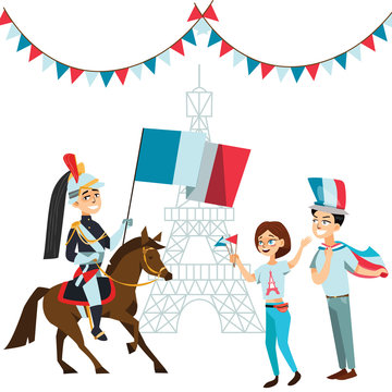 People with flags in hands welcome on parade of soldiers horses against backdrop eiffel tower in France, French national holiday - day capture bastille vector illustration