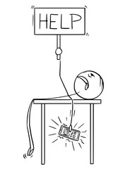 Cartoon stick drawing conceptual illustration of tired or overworked man or businessman lying on table or desk with ringing mobile phone in hand and holding help sign.