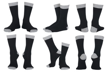 set of male black socks in different poses isolated on white