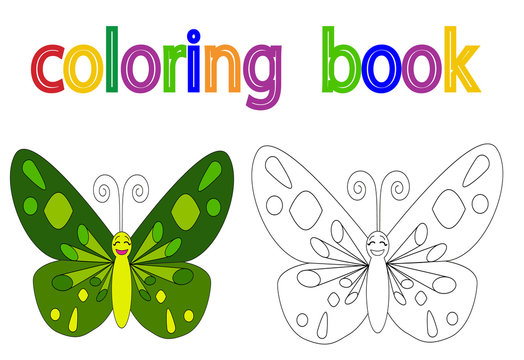 book coloring, butterfly, character, vector, isolated