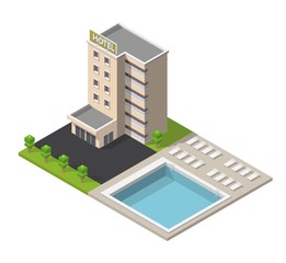 Isometric hotel building with pool low poly illustration