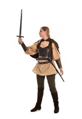 full length portrait of girl wearing brown medieval costume,. standing pose, isolated on white studio background.