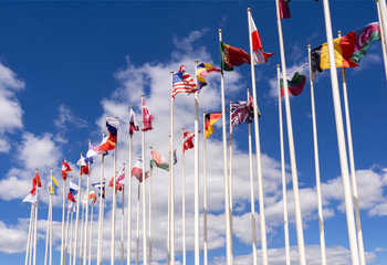 National flags on the masts. The flags of the United States, Germany, Belgium, Italia,Israel, Turkey