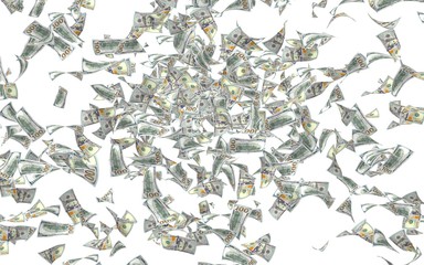 Flying dollars banknotes isolated on a white background. Money is flying in the air. 100 US banknotes new sample. 3D illustration
