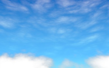 Blue sky background with white clouds. Abstraction group of clouds on clear blue sky on sunny day. 3D illustration