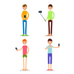 Man selfie isolated. Friends do joint self-portrait photograph. Happy smiling young man taking selfie photo. Set illustration in flat style. Isolated