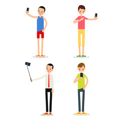 Man selfie isolated. Friends do joint self-portrait photograph. Happy smiling young man taking selfie photo. Set illustration in flat style. Isolated