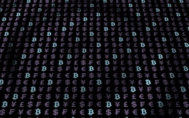 Bitcoin and currency on a dark background. Digital Cryptocurrency symbol. Wave effect, currency market fluctuations. Business concept. 3D illustration