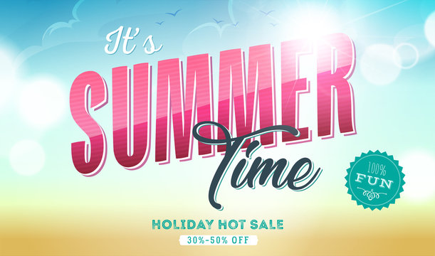 Summer Time Template Banner/
Illustration of a summer sale template banner with colorful elements, sand and sky background