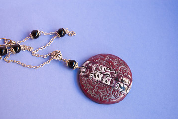 Claret silver necklace with pendant and agate beads on chain. Bohemian luxury jewelry. Handmade jewellery from polymer clay.
