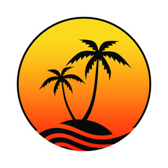 Resort logo with sea and coconut palms view. Icon tropical island. Vector illustration. 