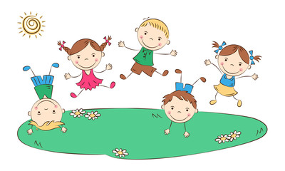 Funny doodle jumping kids. Happy cartoon boys and girls. Holidays, vacations, weekends. Vector illustration