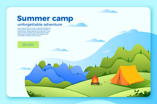 Vector bright camping banner template with bonfire near the tent, on bright summer background with mountains and forests. With place for your text.