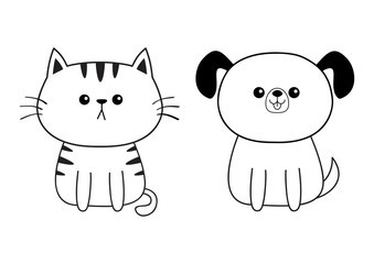 Linear dog cat face head silhouette icon. Contour line. Cute cartoon sitting pooch kitty character. Kawaii animal. Funny baby puppy kitten. Love Greeting card. Flat design. White background Isolated.