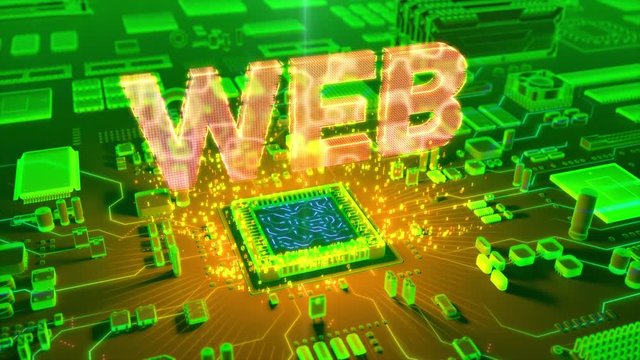 Futuristic animation of holographic "WEB" text emerging from microprocessor on electronic circuit board