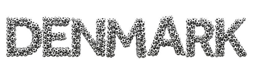 Denmark word made from a football soccer ball texture. 3D Rendering
