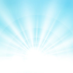 Center sunburst light effect on soft clean blue sky background.